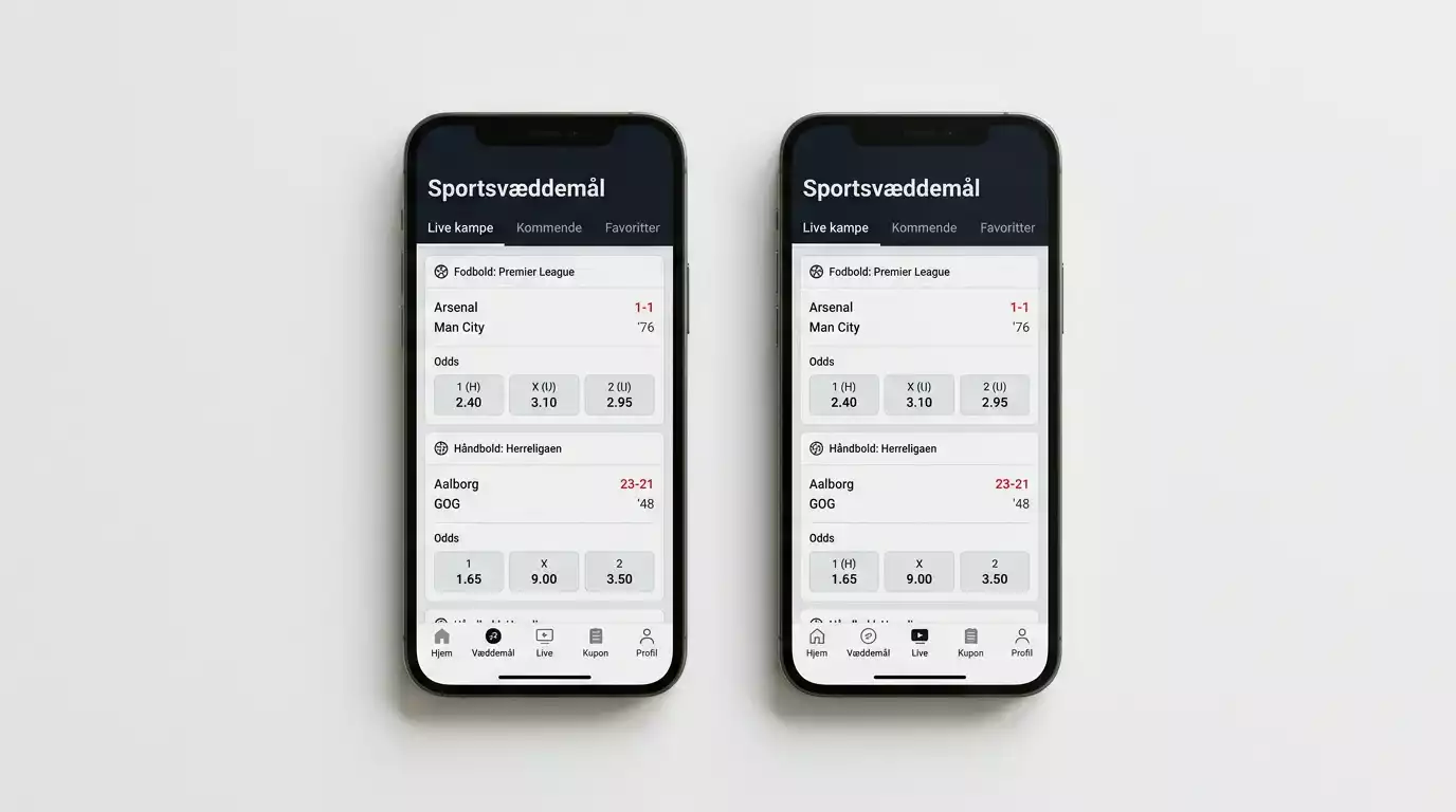 To smartphones side om side med sports-app-interfaces på skærmen